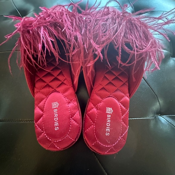 BIRDIES Women’s The Lovebird Feather Trimmed Mules Slippers Red Merlot 9.5 - Picture 8 of 12